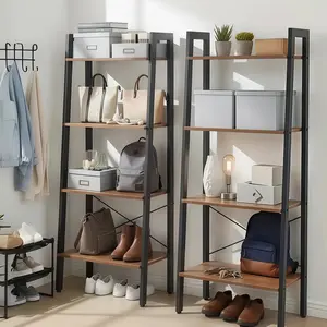 Industrial 4-Tier Ladder Shelf – Multi-Storage Bookcase & Display Shelf for Home Decor,Books & Plant Organization,Crafted with heavy-duty steel and quality wood up to 40 lbs,Crafted with heavy-duty steel and quality wood