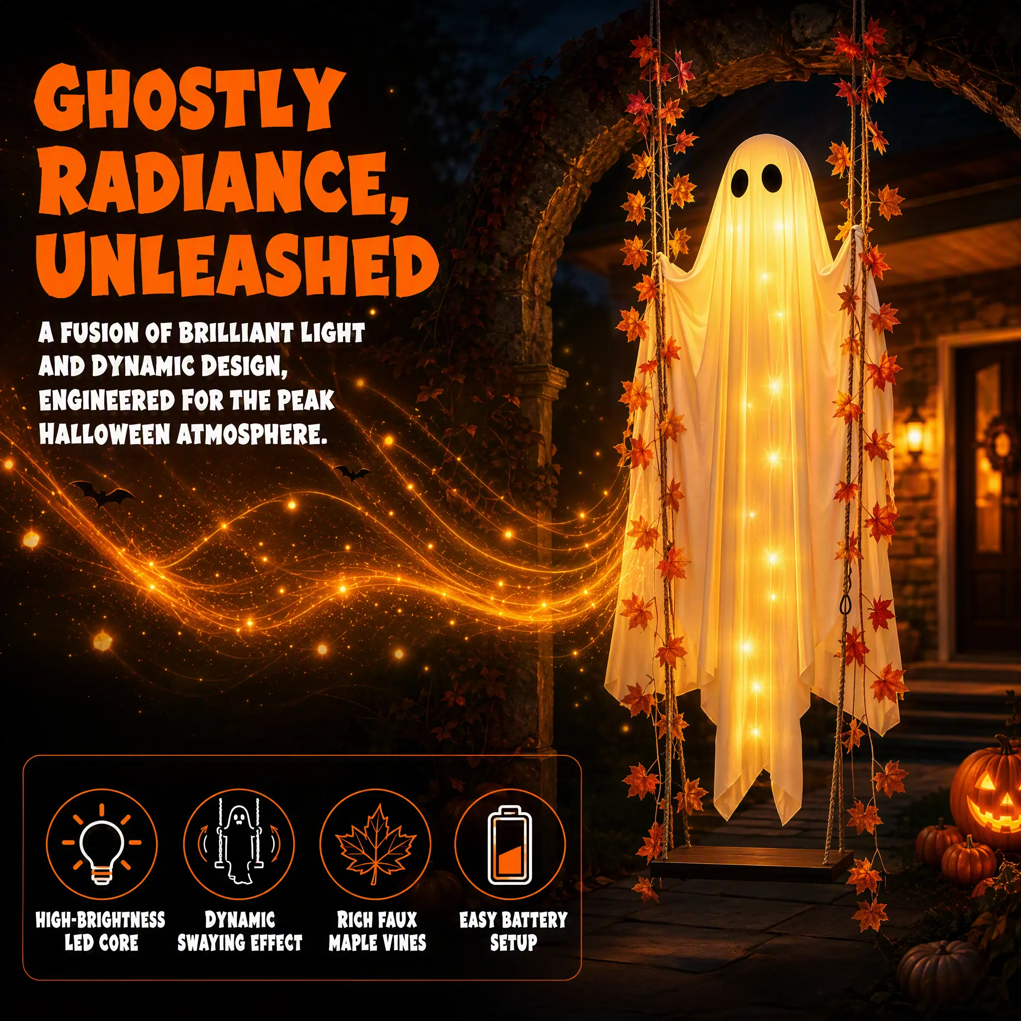 【Summerween】Lightweight Round Cloth Cute Swing Ghost Hanging Halloween Garland Decoration with Autumn Maple Leaf Vines - Spooky Porch Yd Tree Ornament, Front Door Photo Backdrop for Haunted House Party Decor