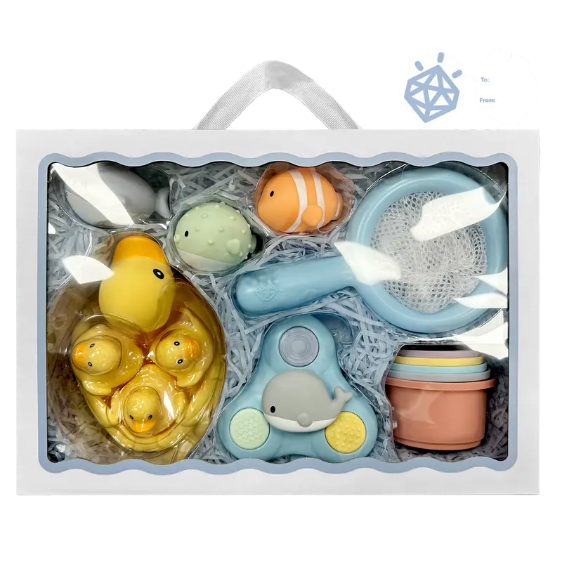 Jool Baby Bathtime Adventure 15-pc Gift Set with Bath Toys Floating Ducks & Sensory Fun for Baby Shower Includes 3 Mama & 3 Baby Ducks 3 Squirters 5 Cups & Fidget Toy Bathtoy