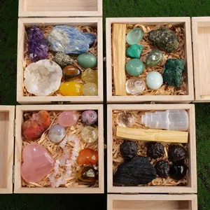 Crystal Raw Stone Wood Box Set, Natural Irregular Shape Crystal, Perfect for Indoor Decoration, Office Desk Decor, Mineral Collection Gift