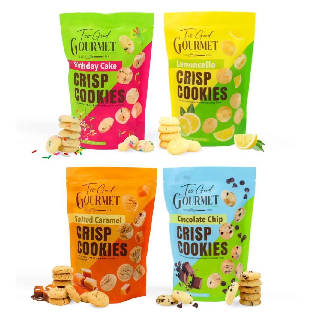Too Good Gourmet Bite-Sized Mini Crisp Cookies – 4-Pack Variety (Lemon, Chocolate Chip, Birthday Cake, Salted Caramel) Perfectly Baked Snack Pack, Sweet Dessert Treats