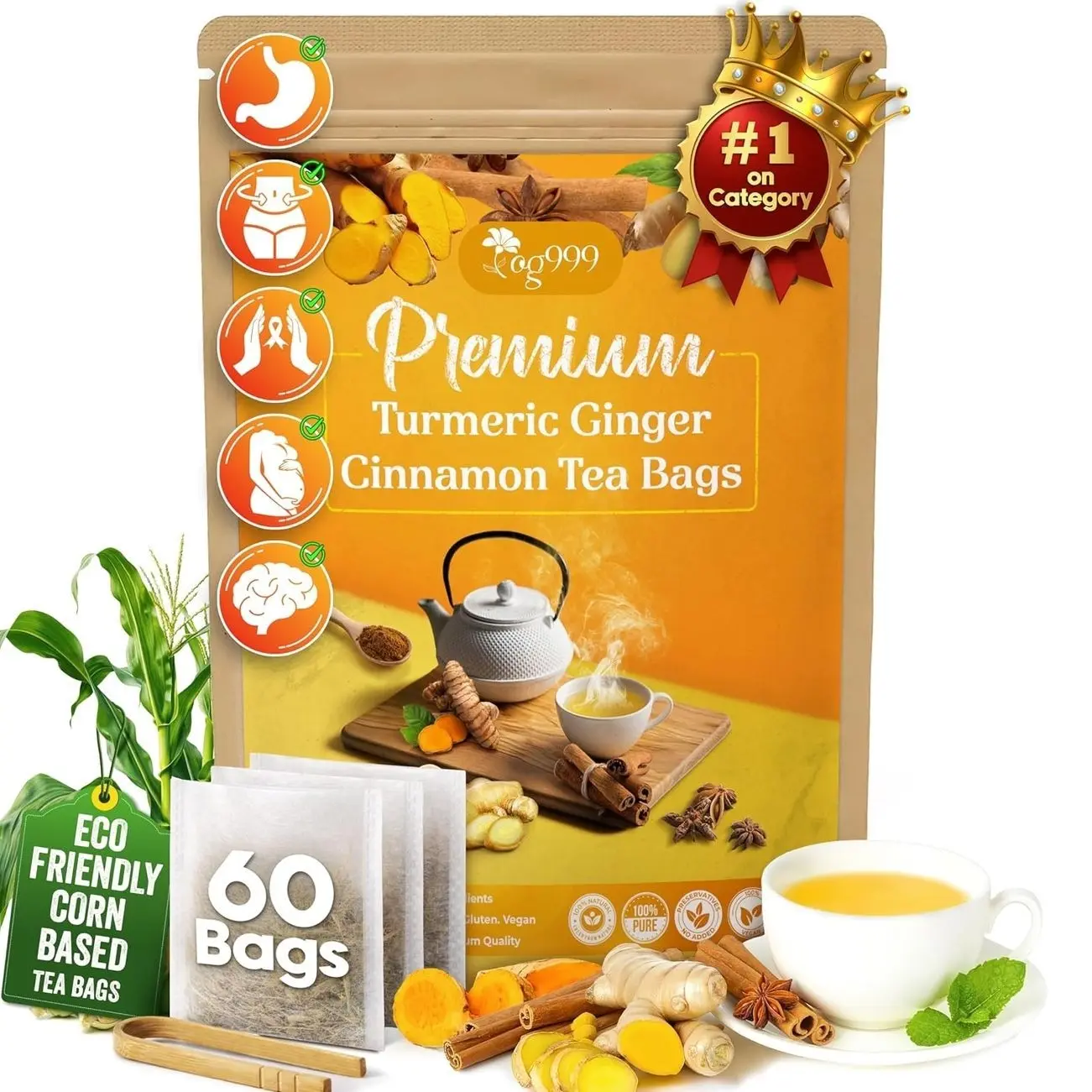 TOG999, 60 Bags Premium Turmeric Ginger Cinnamon Tea, Improve Digestion, Support Brain, Weight, Skin and Sleep, Eco-Conscious Tea Bags and Premium Natural Ingredients. Turmeric Ginger Herbal Tea. No Sugar, No Caffeine, No Gluten, Vegan.
