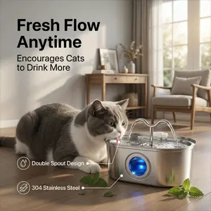 PN'P Stainless Steel Cat Water Fountain 3.2L Double Faucets Automatic Dog Watering Dispenser Bowl Pet Feeding & Watering Supplies with Water Level Window & Metal Kitty Spout cat  water  fountain