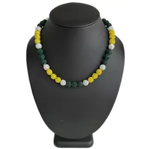 Iced Bling Disco Ball Rhinestone Crystal Bead Baseball Necklace Green Yellow A's