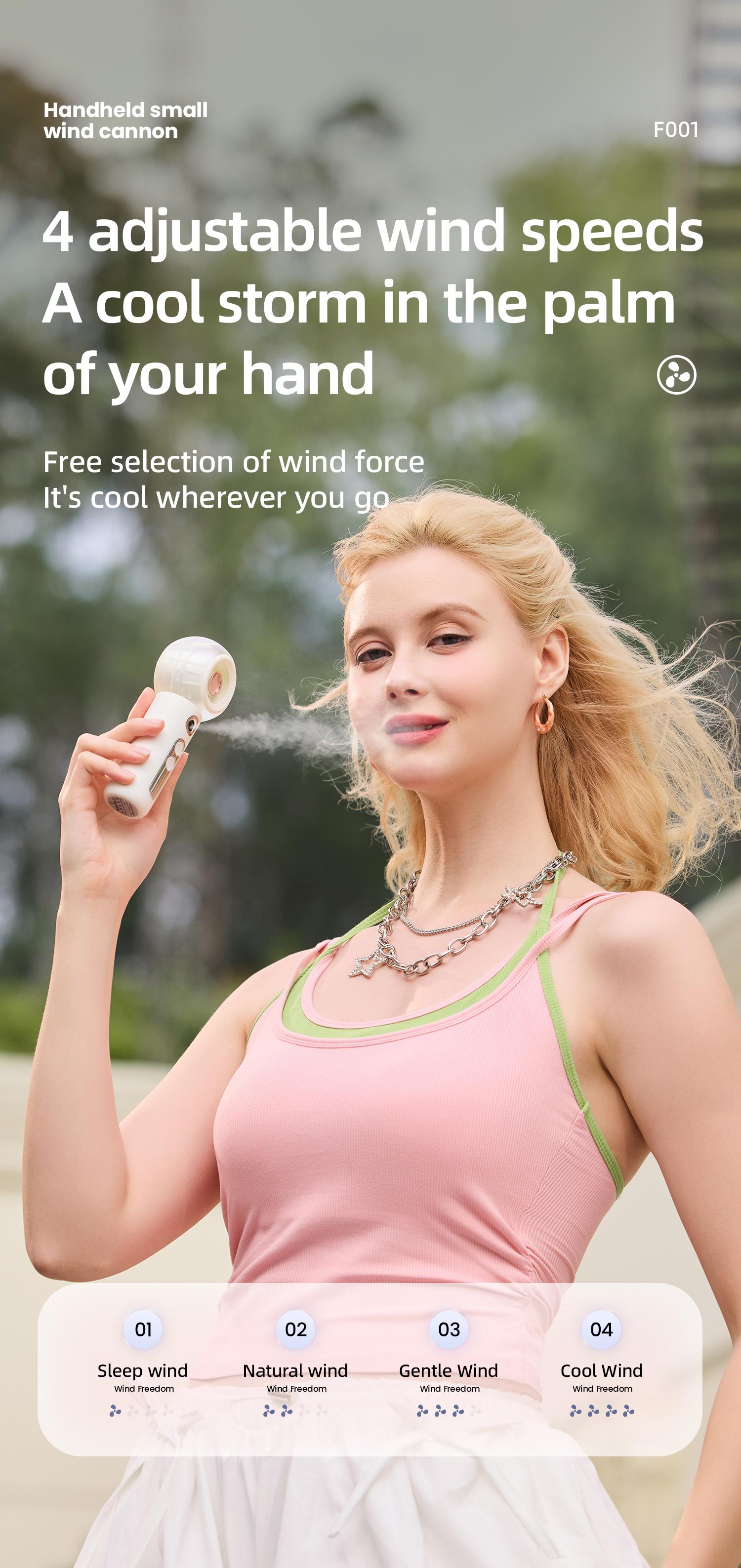 Portable Handheld High-Speed ​​Mist Fan — High-Velocity Turbo Cooling Spritzer with 4 Wind Speeds — USB-Rechargeable Mini Personal Fan for Travel, Makeup, and Summer Outdoors