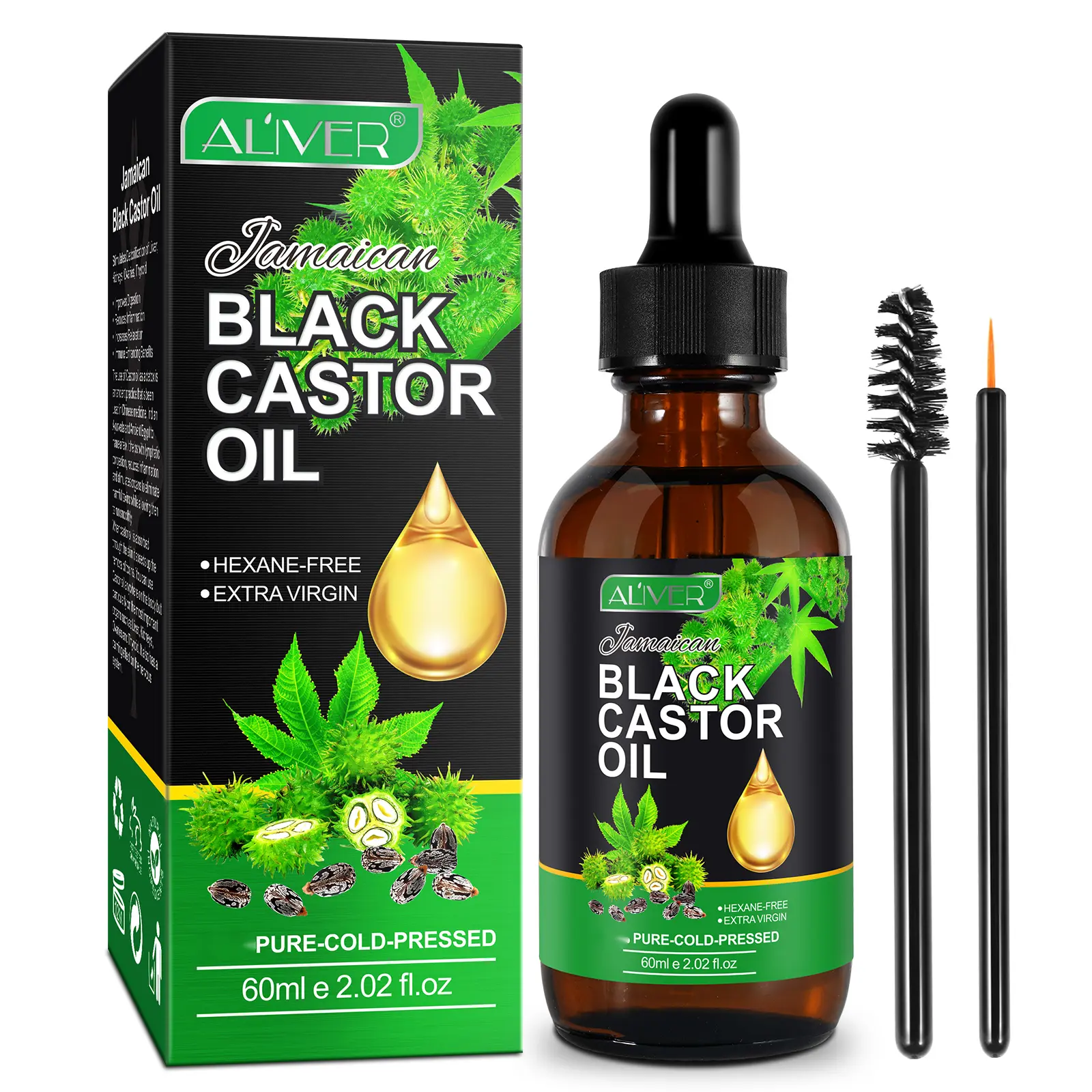 Aliver Organic Jamaican Black Castor Oil, 60ml/120ml Cold Pressed Body & Massage Oil for Skin, Hair Care, Nourishing Moisturizing Moisturizer - Cosmetic Hydrating Solution