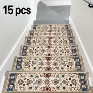 Bohemian Self-Adhesive Non-Slip Stair Treads Mats, 15 Pack, 8x30 Inches, Indoor Wooden Stairs, Glue Free Long Runner Rug, Noise Reduction, Pet and Elderly Protection, Machine Washable