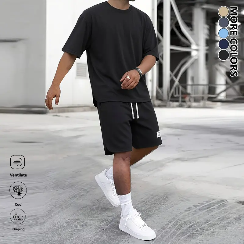 Men’s minimalist short-sleeve T-shirt and shorts set for summer—versatile casual athletic two-piece featuring a crew-neck short-sleeve T-shirt paired with drawstring-waist casual shorts; ideal for everyday outdoor wear, outdoor fitness, and commuting; loo