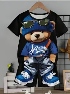 Trendy Bear Print Kids Clothing Set, T-Shirt with Matching Shorts, Boys Casual, All over Print, Fitted Style