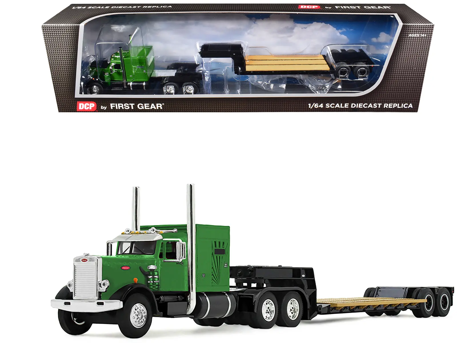 Peterbilt 351 with 60" Vintage Sleeper and Rogers Vintage Lowboy Trailer Green with Trailer 1/64 Diecast Model by DCP/First Gear