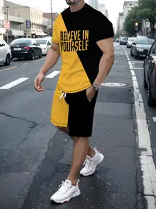 Men's 3D Printed T-Shirt and Shorts Set, Casual Slim-Fitting Short Sleeve Top, Regular Length for All Seasons