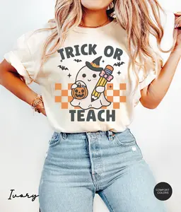 Comfort Colors Teacher Halloween Shirt, Halloween Teacher T-Shirt, Trick or Teach Shirt, Spooky Teacher T-Shirt, Retro Ghost Teacher Shirt