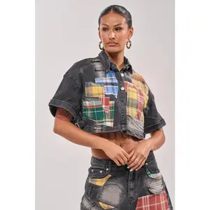 DREA MIXED PLAID CROP SHORT SLEEVE BUTTON DOWN