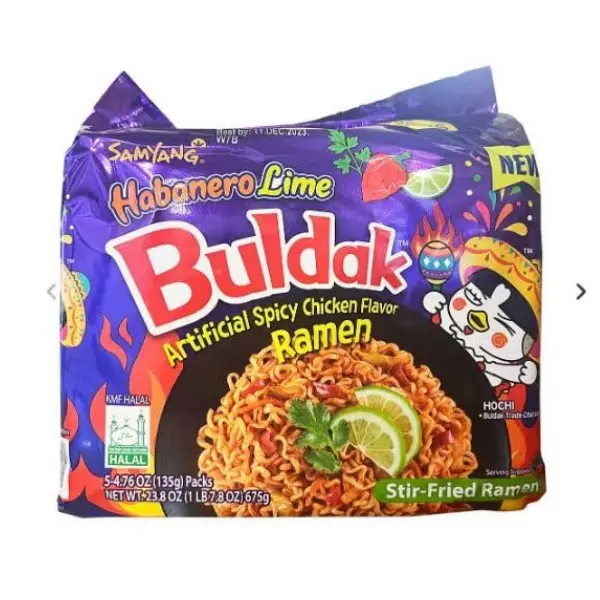 Samyang Buldak Authentic Korean Habanero Lime Flavor Instant Noodles - Quality Ingredients, 1 Bag (5 Packs), Ambient Storage, 12-Month Shelf Life, Pantry Food, Instant Noodles Bowl Compatible