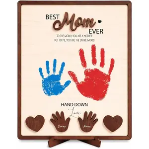 Personalized  Mom Ever Handprint Gifts, Wooden Keepsake Sign with  Handprint Art, Custom Ink Name, DIY Craft Kit for Mother's Day,  Family Decor,  Birthday  Idea for Mom