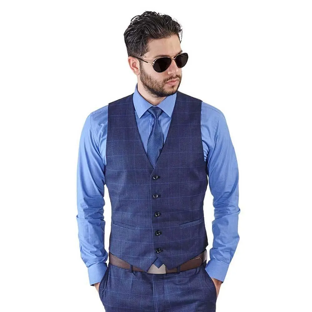 Slim Fit Mens Blue Windowpane Dress Vest 5 Buttons Adjustable By AZARMAN