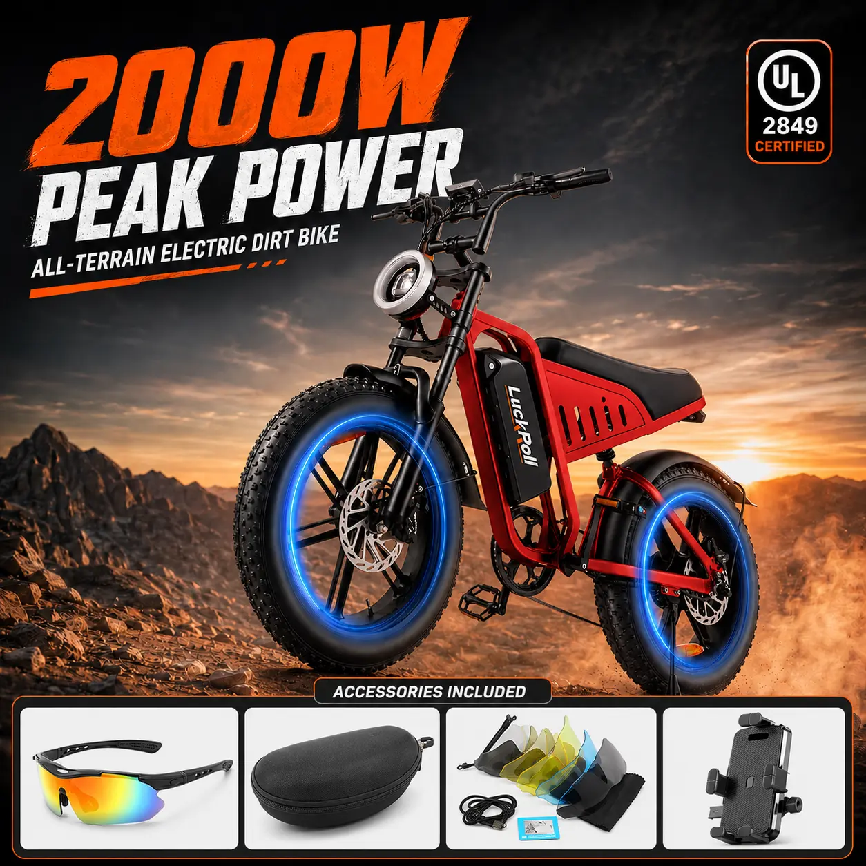 2000W Peak Motor Electric Dirt Bike - 20" Fat Tire All-Terrain Ebike, 40 MPH & 60-80 Mi Range | 48V 25Ah Removable Battery, Smart NFC Unlock, UL2849 Certified for Camping & Trail