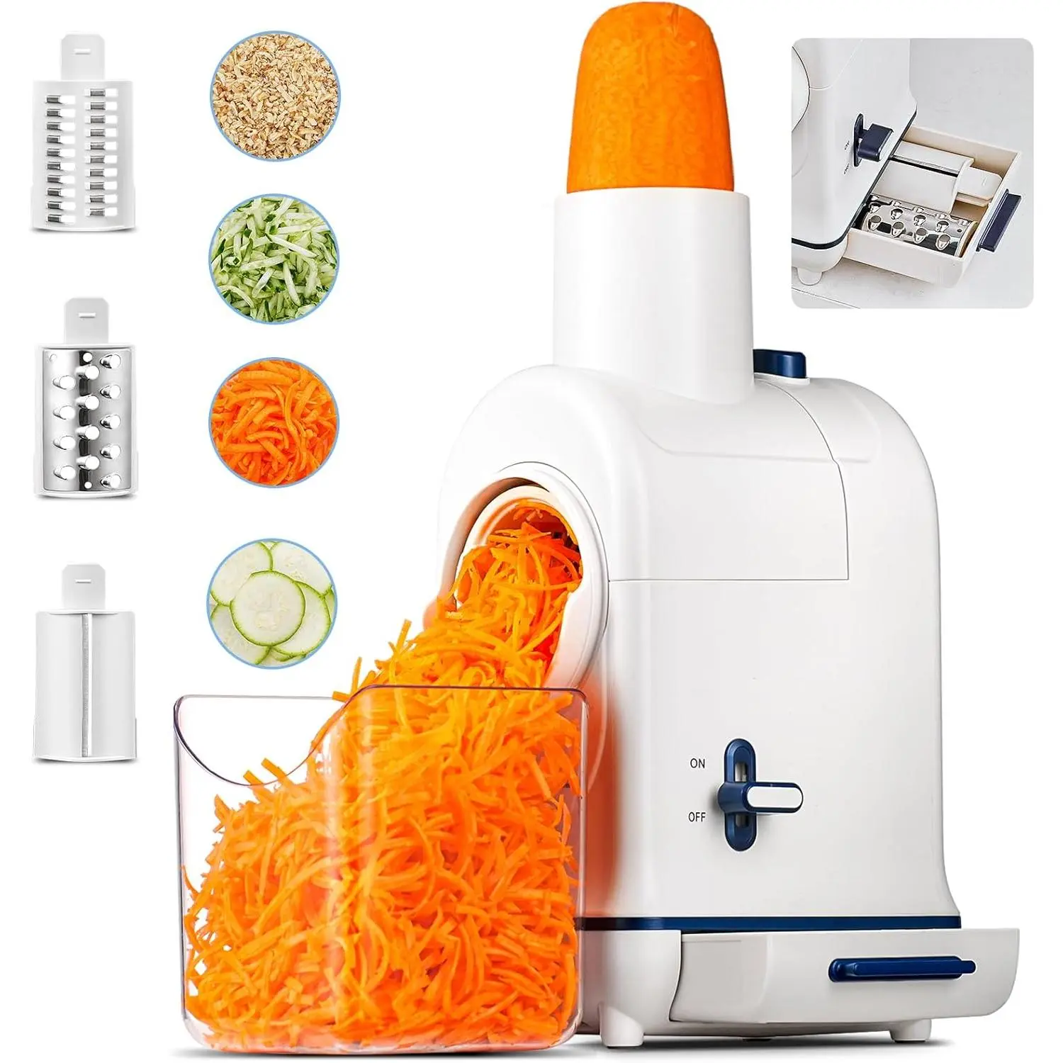 White Electric Cheese Grater Shredder Slicer with 3 Replaceable Stainless Blades, 64mm Feeding Chute, 80W High-Torque DC Motor, 83mm Outlet, Detachable ABS Food Container, Built-In Blade Storage, Easy Cleanup & Assembly Home Kitchen Tool for Parties, 80W,