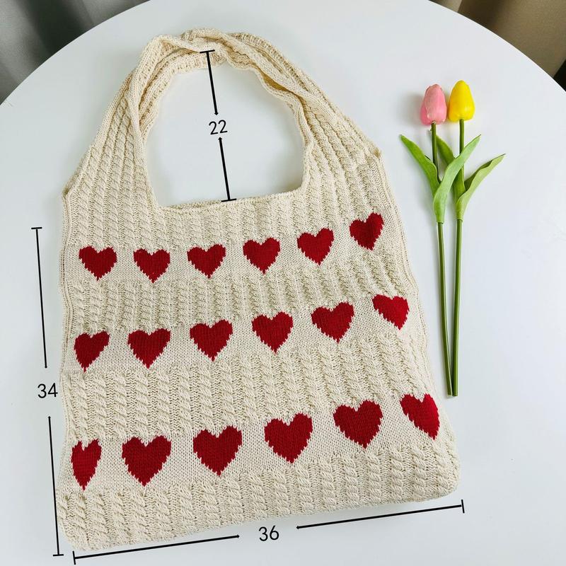 Fashionable Women's Handbags, Love Heart Pattern Crochet Shoulder Bags, Soft Knitted Handbags with Sweet Weaving Details, Daily Casual Accessories, Perfect for Dating, Shopping and Traveling