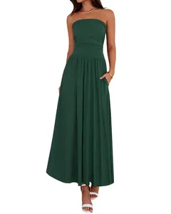 BTFBM Women Strapless Tube Top Dress Summer 2026 Sleeveless Ruched Flowy Cocktail Wedding Guest Maxi Dresses with Pocket
