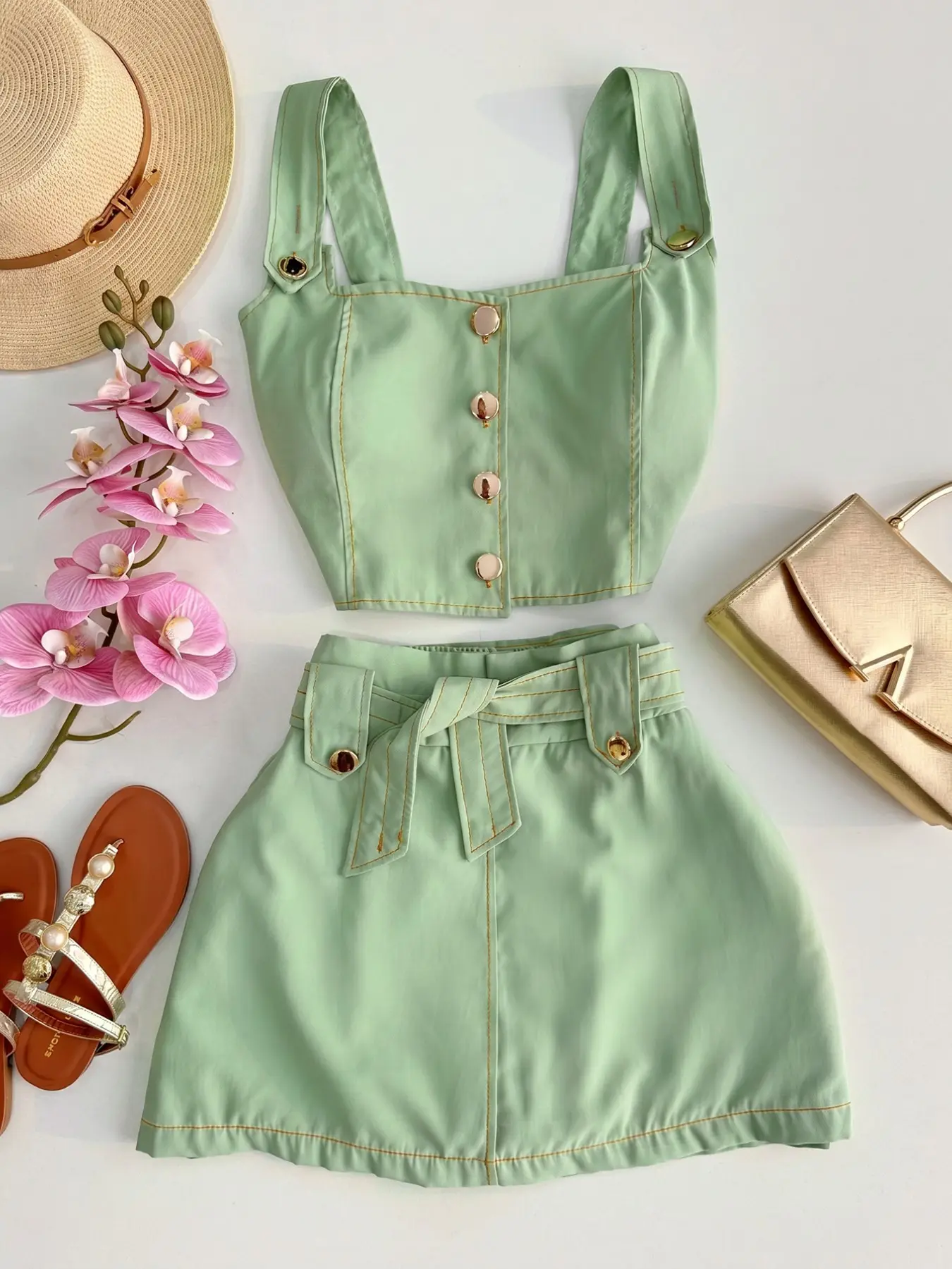 New Summer Spring Strapless Button Tank Top + High Waist A-Line Skirt Set, Elegant Lightweight Fabric Casual Women's Clothes, Two-Piece Ensemble