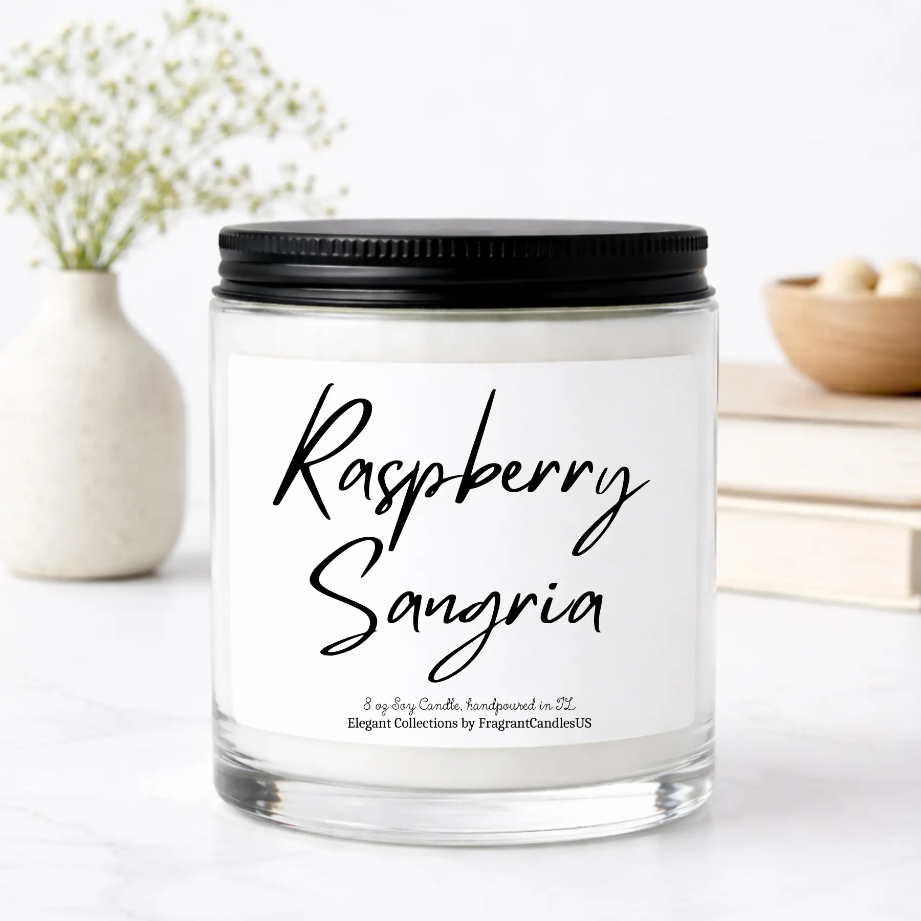 FragrantCandlesUS 9 oz Raspberry Sangria Jar Soy Wax Household Candle - Homemade, Bamboo Minimalist, Coconut-Infused, Plant-Based, Durable Tropical Home Decor, Long-Lasting Fruity Berry-Sweet Aroma, Refreshing Energy, Birthday Gift for Wine Lovers