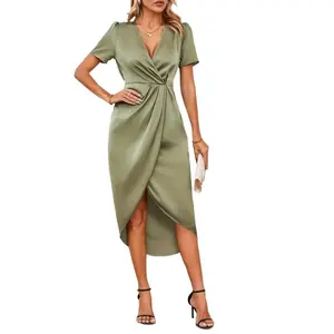 Ms. Silky Wrap Dress - Asymmetrical & Elegant! Formal Womenswear Fit Basic Bean Green Minimalist Shortsleeve