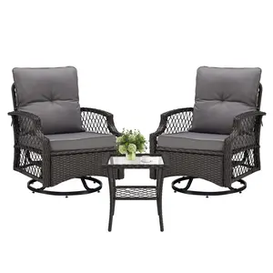 Aobtkel® 3-Piece Patio Furniture Set, All-Weather Wicker Outdoor Bistro Set with 2 High-Back Swivel Glider Chairs (with Cushions) and 1 Side Table, for Porch, Backyard
