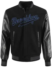 Men's Baseball Jacket black Casual Fashion Brooklyn Embroidered Zipper Patchwork PU Long Sleeve College Style Outerwear Fall Winter Streetwear