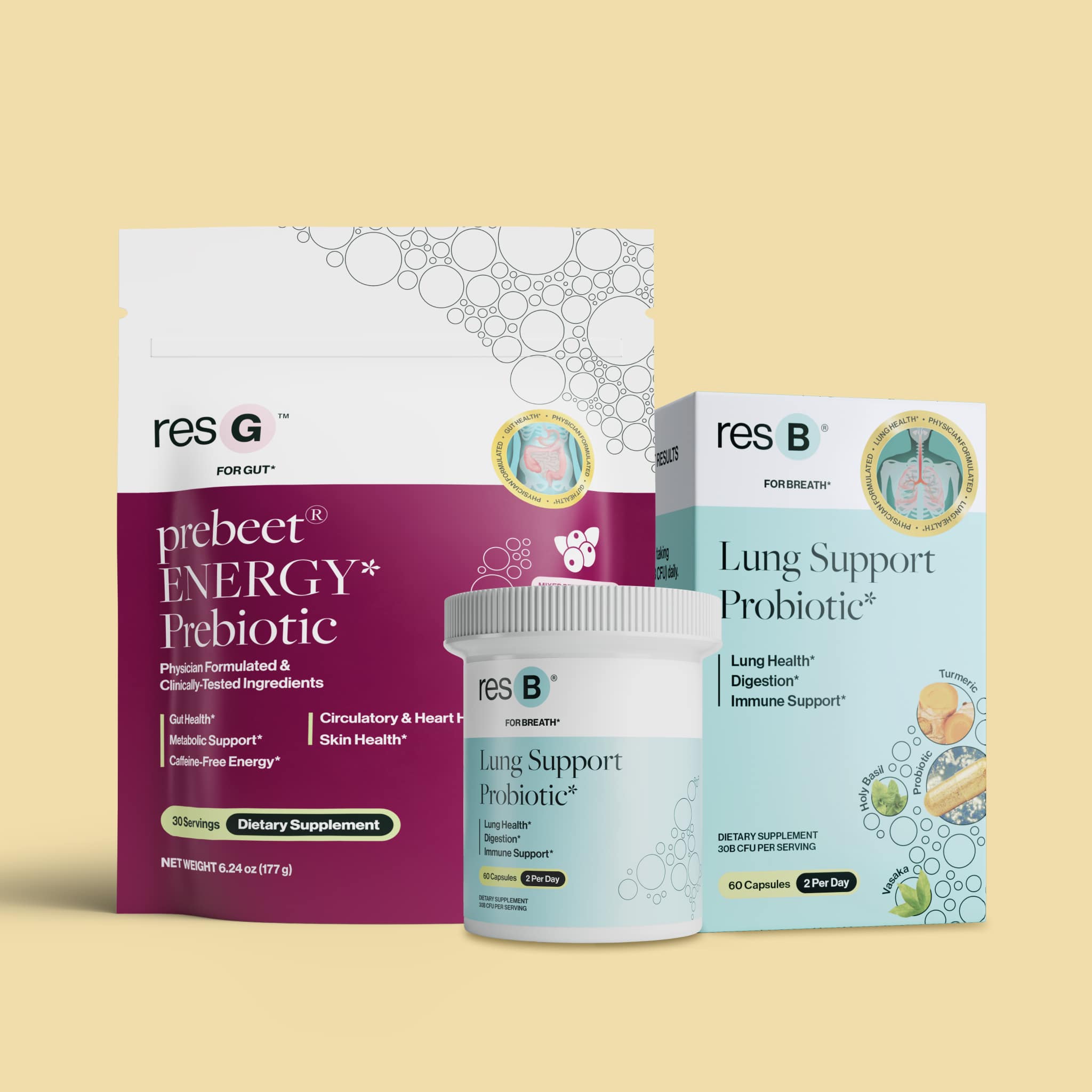 Power Gut Bundle - Lung Support Probiotic + Daily Prebiotic, Digestive & Wellness Support | resB (30 Servings) & prebeet (30 Servings)