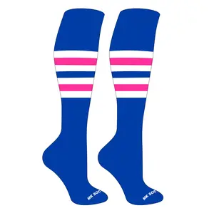 MK Socks Striped Knee High Baseball, Football Socks (F) Royal, White, Hot Pink