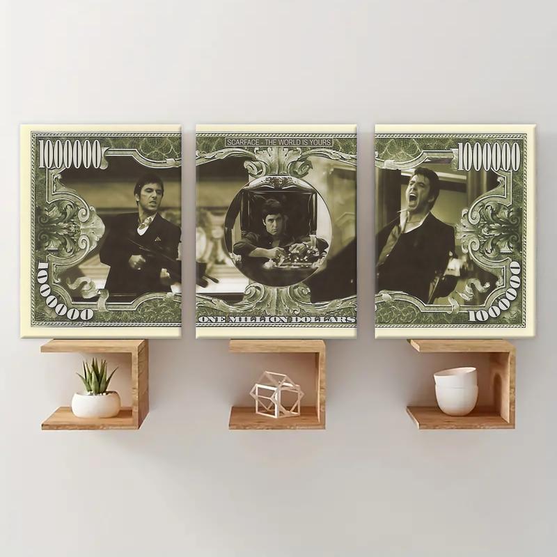 3 Count wooden frame canvas, Gangster Legend Money Pattern poster, Vintage Money Art Decoration, Exquisite Mural, Stylish Bedroom Decoration, Modern Home Decoration, Living Room and Hallway Wall Decoration, HD, waterproof, Art