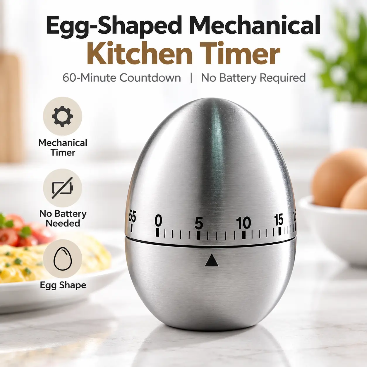 Egg-Shaped Mechanical Kitchen Timer, 60-Minute Countdown, No Battery Required, Rotating Dial, for Cooking, Baking, Classroom, Study & Home Use, Silver,Utensils