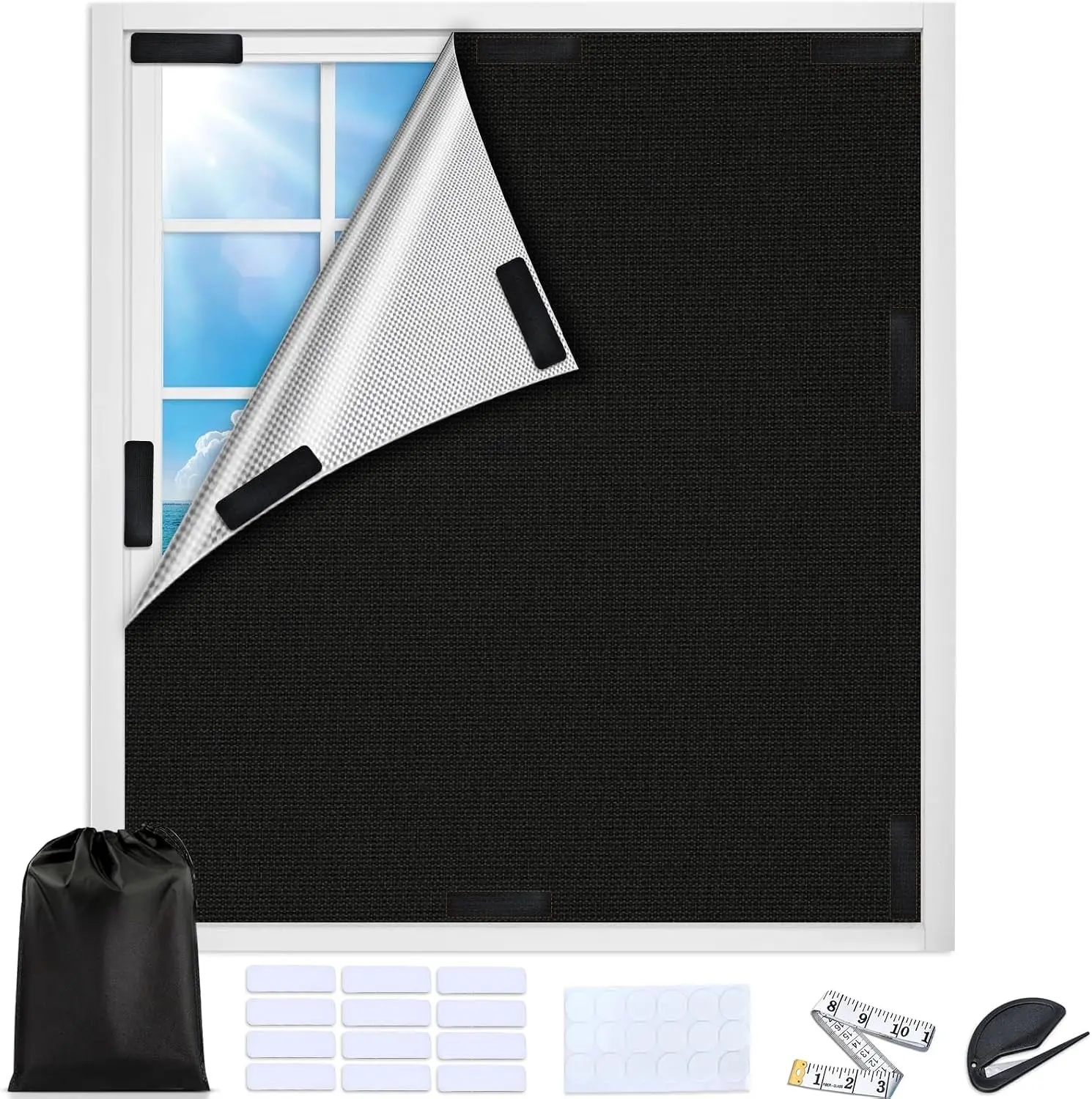 100% Blackout Window Cover, Portable Blackout Curtains for Bedroom Cuttable No Drill Window Blinds, Black Out Shades Fabric Sheet for RV, Travel, Media Room, 79'' x 57''