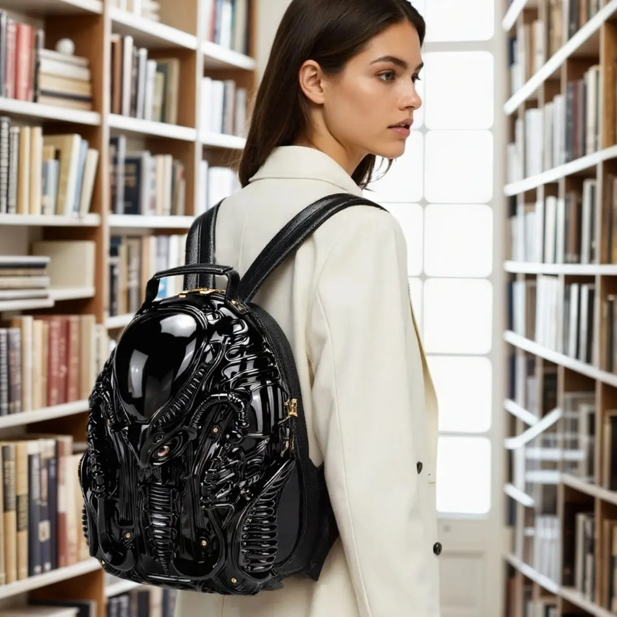 Sci-Fi Organism-Shaped Hard Backpack - Vintage Distressed Craft, Optional Rivet Embellishment, Durable Zipper Closure, Personalized Daypack for Daily Commute, Outdoor Activities