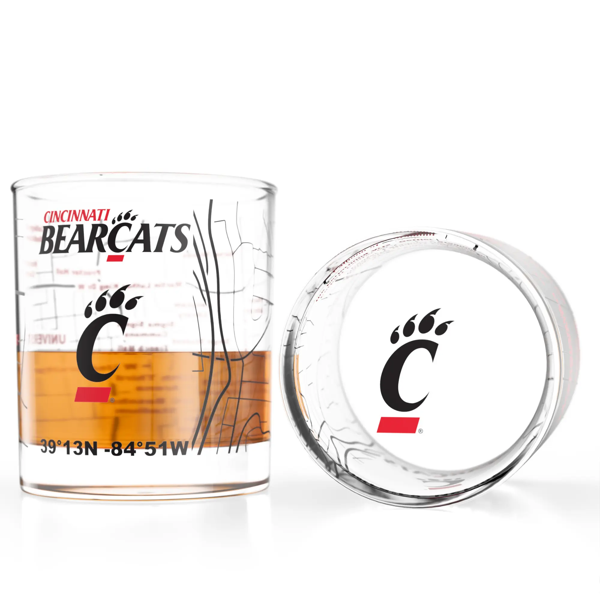 University of Cincinnati Bearcats Whiskey Glasses Set of 2, 10 oz Rocks Glasses with Full-Color Logo & Campus Map – Officially Licensed Bourbon Glass Gift for Alumni & Fans Drinkware Printed