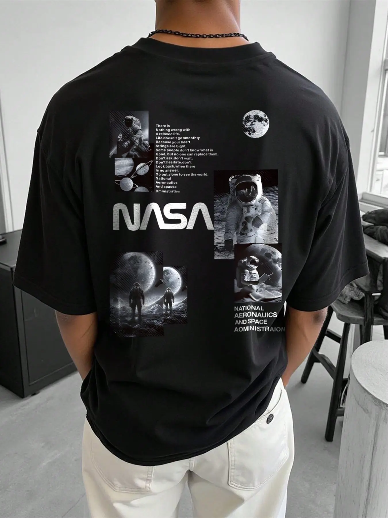 Men's Nasa Space Pattern T-Shirt, Back Print Round Neck Loose Fit Short Sleeve, Hip Hop Street Style Cotton Top
