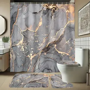 Marble Pattern Bathroom Set, Includes Shower Curtain and Rug, Non-Slip Bath Mat, U-Shaped Toilet Lid Cover Pad, Ideal for Bathrooms, Shower Curtain Sets