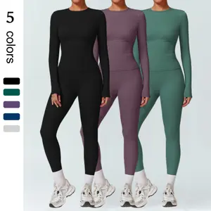 Women's Solid Long Sleeve Top & High Waist Pocket Leggings Tracksuit Set Sporty Breathable Quick Drying Outfits for Yoga Gym Workout Running Ladies Sportswear for All Seasons Activewear