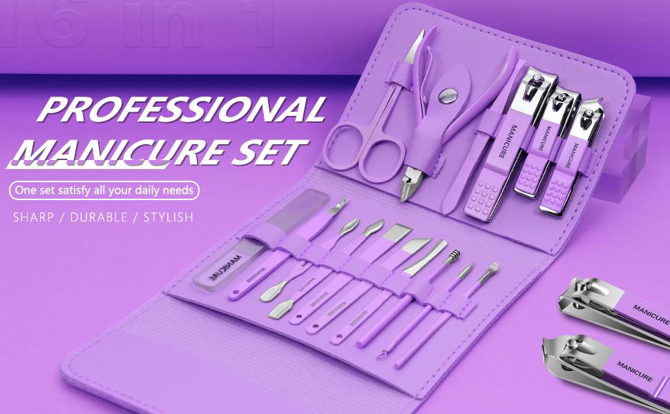 Professional Manicure & Pedicure Kit – 16 pcs Stainless Steel Nail Clippers Set with Luxurious Travel Leather Case