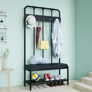 HOOMIC Coat Rack Shoe Bench/Entryway Hall Tree with Shoe Storage/Freestanding Coat Hanger Organizer with 5 Hooks & Faux Leather Seat Cushion/Industrial Accent Furniture with Metal Frame,No Box Spring Needed