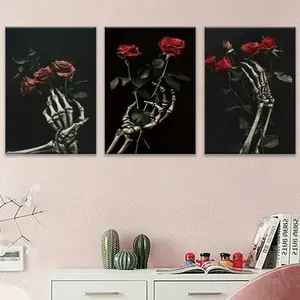 3-Piece Set Wrapped Wooden Frame Painting Black and Gray Skull Wall Decoration Picture Skull Hand with Red Flowers Art Painting Halloween Decoration Bedroom Living Room Modern Home Decoration Gift Hanging Print Ornaments Artistic Photo