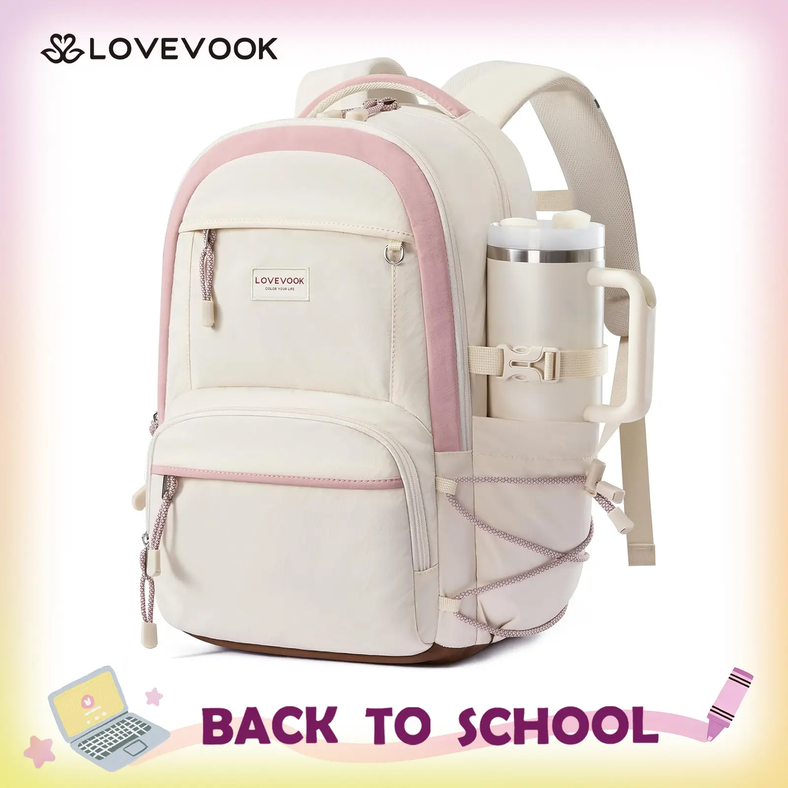 LOVEVOOK School Backpack for Girls, 15.6 Inch laptop Backpacks with Large Capacity Tumbler Holder, Lightweight College bag for women, Cute Travel Teen Bookbag Purse for Students,Off white-Pink