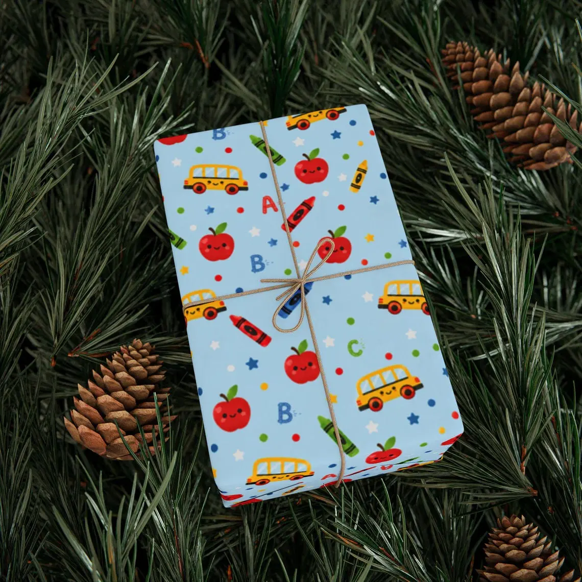 Back to School Wrapping Paper, School Bus Apple Crayon Gift Wrap, Teacher Student Supplies, Elegant Roll