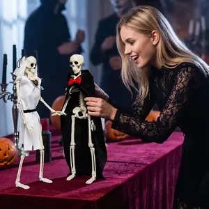 2-Piece Couple Skull Bride Groom Figurines, Halloween Haunted House Decor, Moveable Skeleton Ornaments, Perfect for Spooky Themes