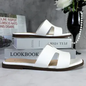 Women's Flat Sandals Summer Comfortable Square Open Toe Slip On Leather Slide Sandals-Outdoor Comfort WJX