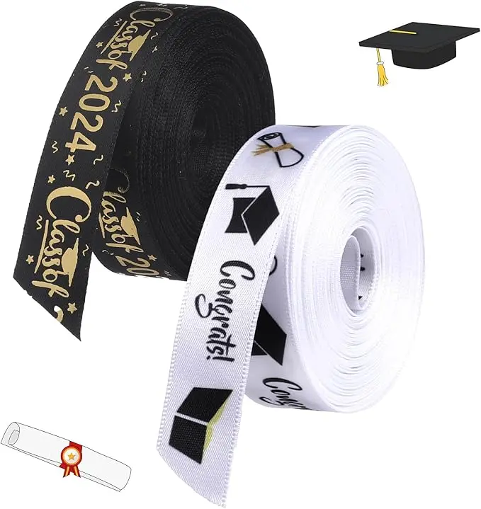 20 Yards Class of 2025 Graduation Ribbon, 2 Rolls 0.63 Inch Satin Ribbon for Gift Wrapping Congrats Grad Party Decoration (White, Black