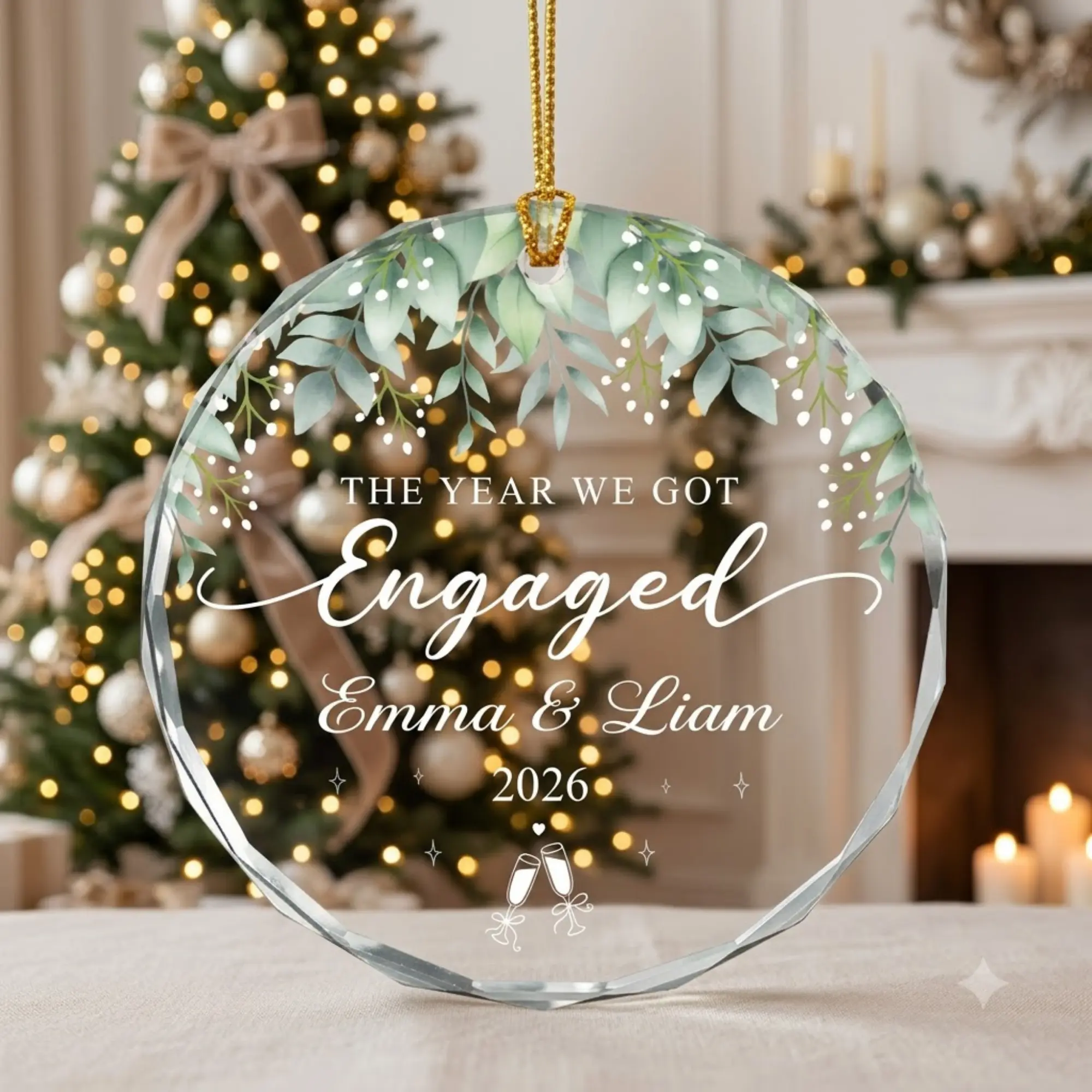 The Year We Got Engaged Ornament, Custom Engagement Announcement Gift, Champagne Toast Design, Round Glass Ornament