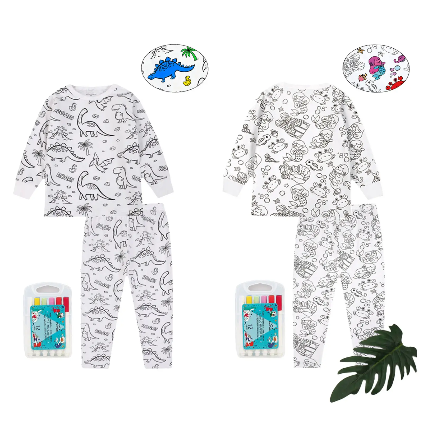Kids' Unisex Snug-Fit Stretchy Long-Sleeve Bamboo Viscose-Rayon Pajama Set - Soft Toddler-Safe Sleepwear, 12-Color Marker Color-In Design, Dinosaur & Mermaid Prints, Animal-Inspired Colorful Kids' Clothing, Animal-Inspired Pajama Sets, Colorful Pajama Set