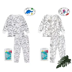 Creative Color-In Kids Pajama Set with 12-Color Markers – Soft Bamboo Viscose Unisex Sleepwear, Snug-Fit Stretchy PJs with Fun Dinosaur & Mermaid Designs for Boys & Girls